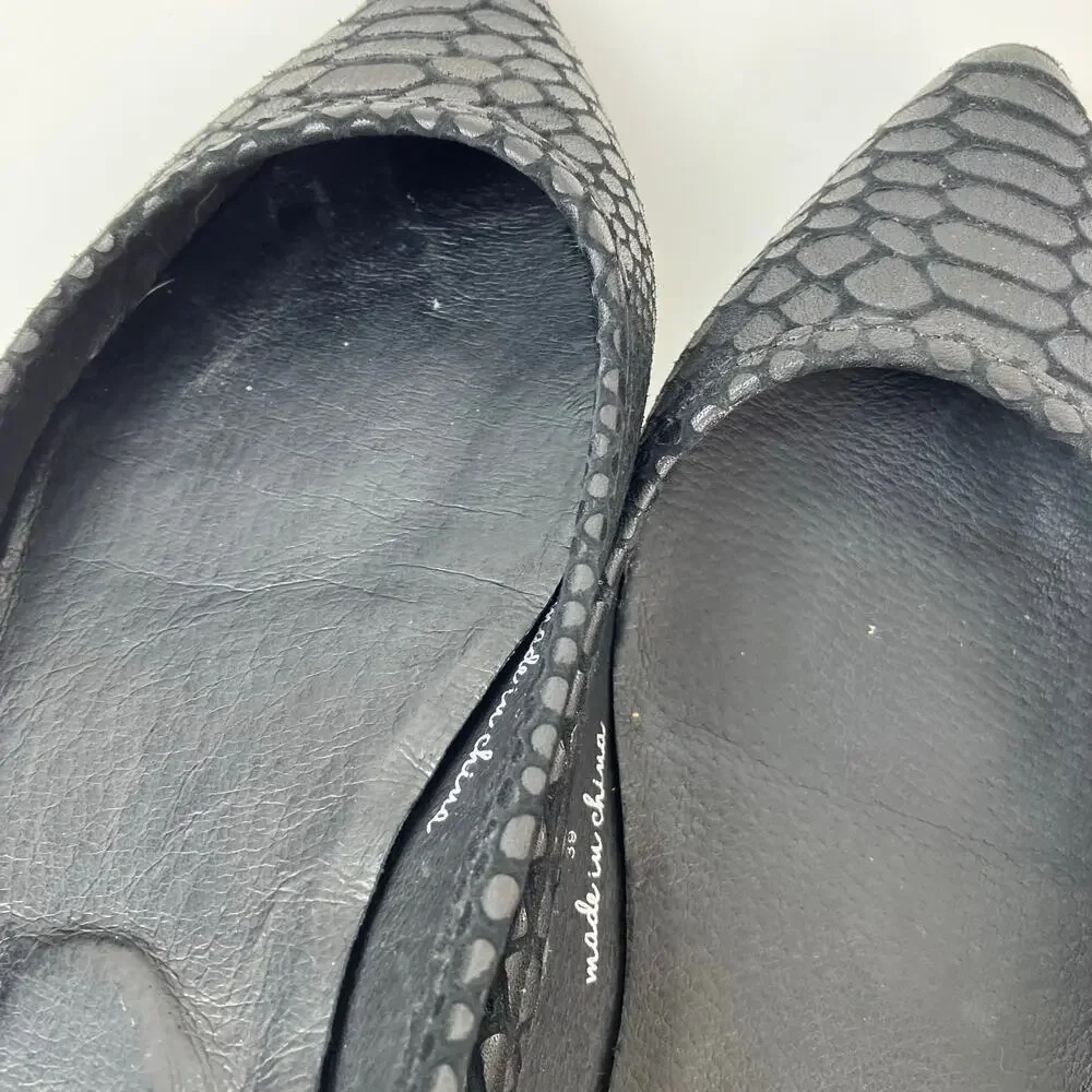 Joie Sz 9 Temple Black Embossed Leather Ankle Wrap Ballet Flats Pointed Toe